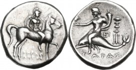 Greek Italy. Southern Apulia, Tarentum. AR Stater, c. 281-240 BC. Obv. Warrior on horseback right, lance in right hand, shield in left, horse raising ...