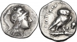 Greek Italy. Southern Apulia, Tarentum. AR Drachm, Histiarchos, magistrate, c. 272-240 BC. Obv. Head of Athena right, wearing Attic helmet decorated w...