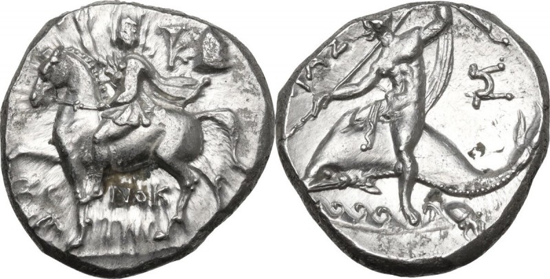 Greek Italy. Southern Apulia, Tarentum. AR Nomos, circa 240-228 BC. Obv. Dioskou...
