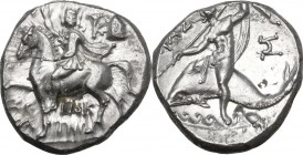 Greek Italy. Southern Apulia, Tarentum. AR Nomos, circa 240-228 BC. Obv. Dioskouros, head facing, raising right hand and holding rein in left, on hors...