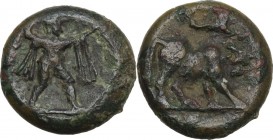 Greek Italy. Northern Lucania, Posidonia. AE 14 mm. c. 350-290 BC. Obv. Poseidon advancing right, wielding trident overhead. Rev. Bull standing right,...