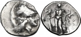 Greek Italy. Southern Lucania, Heraclea. AR Stater, c. 281-278 BC. Obv. Helmeted head of Athena right. Rev. Herakles standing left, lion skin draped o...