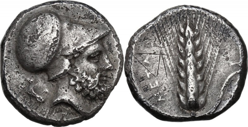 Greek Italy. Southern Lucania, Metapontum. AR Stater, c. 340-330 BC. Obv. Head o...