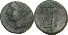 Greek Italy. Southern Lucania, Thurium. AE 15 mm. c.280-260 BC. Obv. Head of Apollo left; behind, monogram AP. Rev. [ΘOY]-ΡIΩN. Lyre; below, ΣΩΦI. SNG...