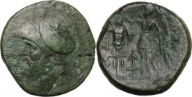 Greek Italy. Bruttium, The Brettii. AE Double Unit, circa 214-211 BC. Obv. Bearded head of Ares left, wearing crested Corinthian helmet; [harpa below]...