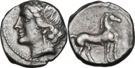 Greek Italy. Bruttium, Carthaginians in South-West Italy. AR Quarter Shekel, c. 215-205 BC. Second Punic War issue. Obv. Wreathed head of Tanit left. ...