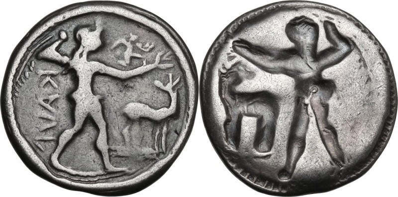 Greek Italy. Bruttium, Kaulonia. AR Stater, 500-480 BC. Obv. Apollo, naked, walk...