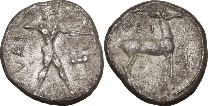 Greek Italy. Bruttium, Kaulonia. AR Stater, 475-425 BC. Obv. KAVΛ. Apollo advanc...