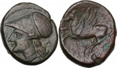 Greek Italy. Bruttium, Locri Epizephyrii. AE 23.5 mm. period of Pyrrhus, c. 280-275 BC. Obv. Head of Athena left, wearing plain Corinthian helmet, wit...