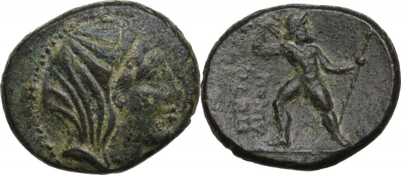 Greek Italy. Bruttium, Petelia. AE 20.5 mm, late 3rd century BC. Obv. Veiled and...