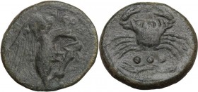 Sicily. Akragas. AE Tetras, 425-406 BC. Obv. AKPA. Eagle on hare right. Rev. Crab; below, three pellets and crayfish. HGC 2 140; CNS I 50. AE. 6.68 g....