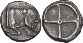 Sicily. Gela. AR Obol, 480-470 BC. Obv. Forepart of man-headed bull right. Rev. Wheel with four spokes; C-E-Λ -A in quarters. HGC 2 372; Jenkins, Gela...