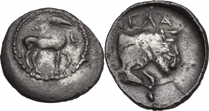 Sicily. Gela. AR Litra, c. 465-450 BC. Obv. Bridled horse walking right; above, ...