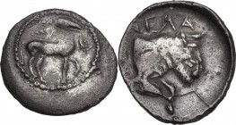 Sicily. Gela. AR Litra, c. 465-450 BC. Obv. Bridled horse walking right; above, wreath. Rev. CEΛA. Forepart of man-headed bull right. HGC 2 373; SNG A...