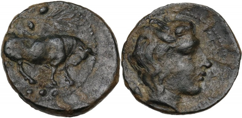 Sicily. Gela. AE Tetras or Trionkion, c. 420-405 BC. Obv. Bull right; olive bran...