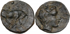 Sicily. Gela. AE Tetras or Trionkion, c. 420-405 BC. Obv. Bull right; olive branch above; three pellets in exergue. Rev. ΓΕΛΑΣ. Head of river-god Gela...