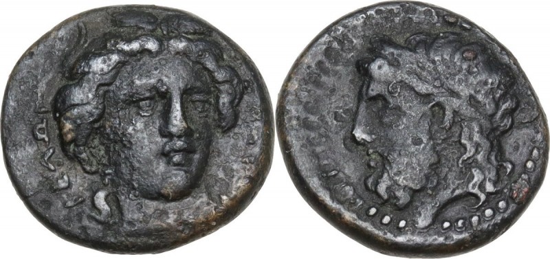 Sicily. Gela. AE 14 mm. c. 339-310 BC. Obv. ΓΕΛΩΙ-ΩΝ. Head of Demeter facing sli...