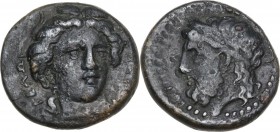 Sicily. Gela. AE 14 mm. c. 339-310 BC. Obv. ΓΕΛΩΙ-ΩΝ. Head of Demeter facing slightly right, wearing grain wreath. Rev. Wreathed and bearded head of r...