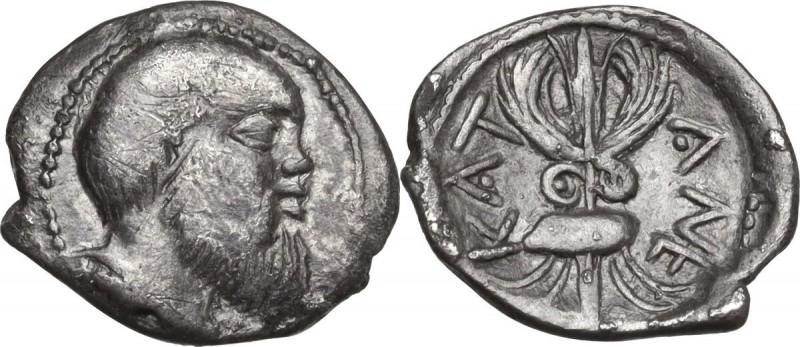 Sicily. Katane. AR Litra, circa 460-450 BC. Obv. Head of Silenus right. Rev. KAT...