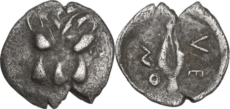 Sicily. Leontini. AR Hemiobol, c. 476-466 BC. Obv. Facing lion scalp. Rev. Barle...