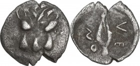 Sicily. Leontini. AR Hemiobol, c. 476-466 BC. Obv. Facing lion scalp. Rev. Barley grain; around, ΛE-ON retrograde. Cf. HGC 2 687 (Obol); Cf. Boehringe...