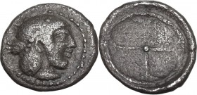Sicily. Syracuse. Hieron I (478-466 BC). AR Obol, 475-470 BC. Obv. Head of Arethusa right, diademed. Rev. Wheel with four spokes. HGC 2 1371; SNG Cop....