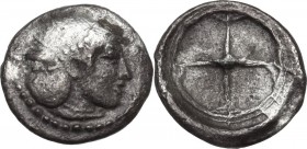 Sicily. Syracuse. Hieron I (478-466 BC). AR Obol, struck circa 475-470 BC. Obv. Diademed head of Arethusa right. Rev. Wheel of four spokes. HGC 2 1371...