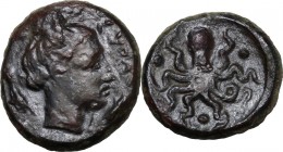 Sicily. Syracuse. Second Democracy (466-405 BC). AE Tetras or Trionkion, 435-415 BC. Obv. SYPA. Head of Arethusa right, within two dolphins. Rev. Octo...