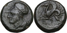 Sicily. Syracuse. Dionysios I to Dionysios II. AE Litra, c. 375-344 BC. Obv. ΣYΡΑ. Helmeted head of Athena left. Rev. Hippocamp left, wearing bridle; ...