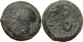 Sicily. Syracuse. Dionysios I to Dionysios II. Countermarked AE Litra, c. 375-344 BC. Obv. ΣΥΡΑ. Helmeted head of Athena left. Rev. Hippocamp left, we...