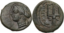 Sicily. Syracuse. AE Onkia, 4th century BC. Obv. [ΣΥΡΑΚ]O. Head of Arethusa left; behind, dolphin. Rev. Ornate trident; to left, ΣΥΩΝ(?) and Δ. Unlist...