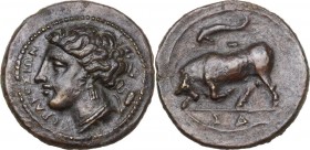 Sicily. Syracuse. Agathokles (317-289 BC). AE 16mm., 317-310 BC. Obv. ΣΥΡΑΚΟΣΙΩΝ. Head of Arethusa left; grain ear to right. Rev. Bull butting left; a...