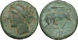 Sicily. Syracuse. Hieron II (274-215 BC). AE 18.5mm, 275-269/265 BC. Obv. Wreathed head of Kore left. Rev. Bull butting left; above, club and Z; IE in...