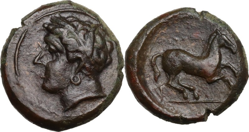 Punic Sicily. Uncertain mint. AE 16 mm. c. 400-350 BC. Obv. Wreathed head of fem...