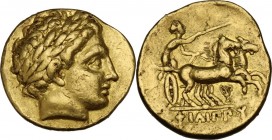 Continental Greece. Kings of Macedon. Philip II (359-336 BC) - Alexander III (336-323 BC). AV Stater in the name and types of Philip II. Pella mint, c...