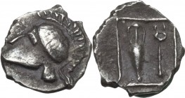Continental Greece. Thraco-Macedonian Region, Siris. AR Hemiobol, 5th-4th century BC. Obv. Crested Corinthian helmet left. Rev. Amphora and kerykeion ...