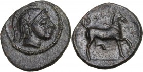 Continental Greece. Thessaly, Phalanna. AE Chalkous, c. 370-350 BC. Obv. Helmeted head of Athena right. Rev. Bridled horse galloping right, with trail...