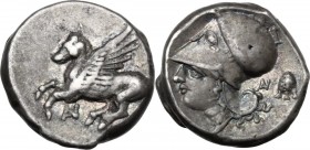 Continental Greece. Akarnania, Anactorium. AR Stater, 345-300 BC. Obv. Pegasos flying left; monogram AN (Calciati 22) below. Rev. Helmeted head of Ath...