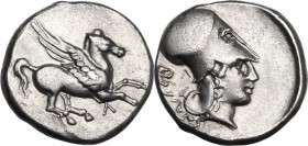 Continental Greece. Akarnania, Leukas. AR Stater, c. 340-290/80 BC. Obv. Pegasos flying right; Λ below. Rev. Helmeted head of Athena right; forepart o...