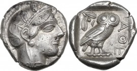 Continental Greece. Attica, Athens. AR Tetradrachm, c. 454-404 BC. Obv. Helmeted head of Athena right, with frontal eye. Rev. AΘE. Owl standing right,...