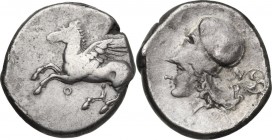Continental Greece. Corinthia, Corinth. AR Stater, c. 375-300 BC. Obv. Pegasos flying left; below, koppa. Rev. Helmeted head of Athena left; behind, N...