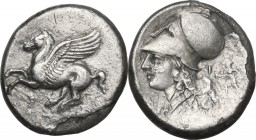 Continental Greece. Corinthia, Corinth. AR Stater, c. 350/45-285 BC. Obv. Pegasos flying left; below, koppa. Rev. Helmeted head of Athena left; [Δ]-I ...