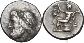 Continental Greece. Arkadia, Arkadian League. AR Triobol, c. 195-188 BC. Obv. Laureate head of Zeus left. Rev. Pan seated left on rock, his right hand...