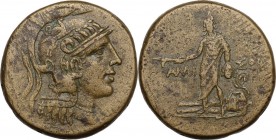 Greek Asia. Pontos, Amisos. AE 29 mm. c. 105- 85 BC. Obv. Head of Athena right, wearing helmet decorated with griffin. Rev. Perseus standing facing, h...