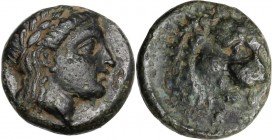 Greek Asia. Troas, Antandros. AE 11 mm. 4th-3rd century BC. Obv. Laureate head of Apollo right. Rev. Head of a roaring lion right; [ANTAN] before; unc...