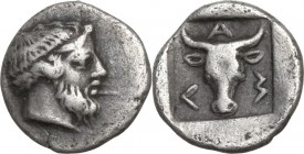 Greek Asia. Troas, Lamponeia. AR Obol, late 5th-early 4th century BC. Obv. Bearded head of Dionysos right. Rev. Λ-A-M. Facing bull's head; all within ...
