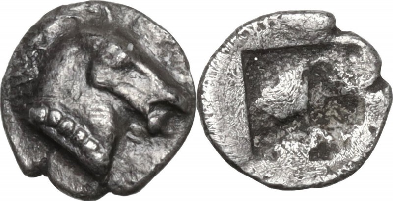Greek Asia. Aeolis, Kyme. AR Tetartemorion, c. 480-450 BC. Obv. Horse’s head rig...