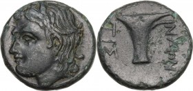 Greek Asia. Aeolis, Tisna. AE 16mm. 4th-3rd century BC. Obv. Horned head of the river god Tisnaios left, turned slightly facing. Rev. TIΣ-NAION. One-h...