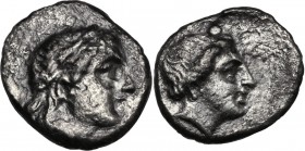 Greek Asia. Lesbos, Mytilene. AR Diobol, c. 400-350 BC. Obv. Laureate head of Apollo right. Rev. Female head right; [symbol before]. Cf. SNG Cop. 367-...