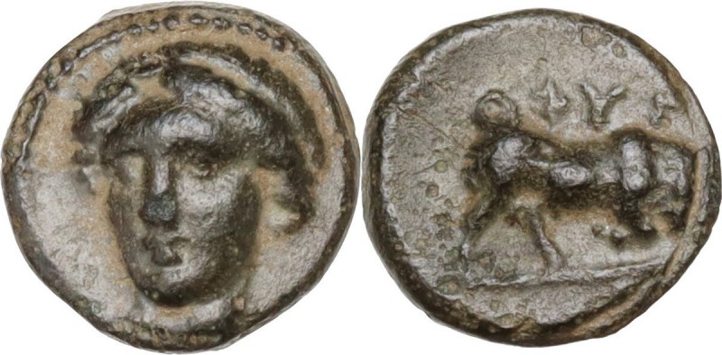 Greek Asia. Ionia, Phygela. AE 7 mm, c. 350-300 BC. Obv. Head of Artemis Munychi...